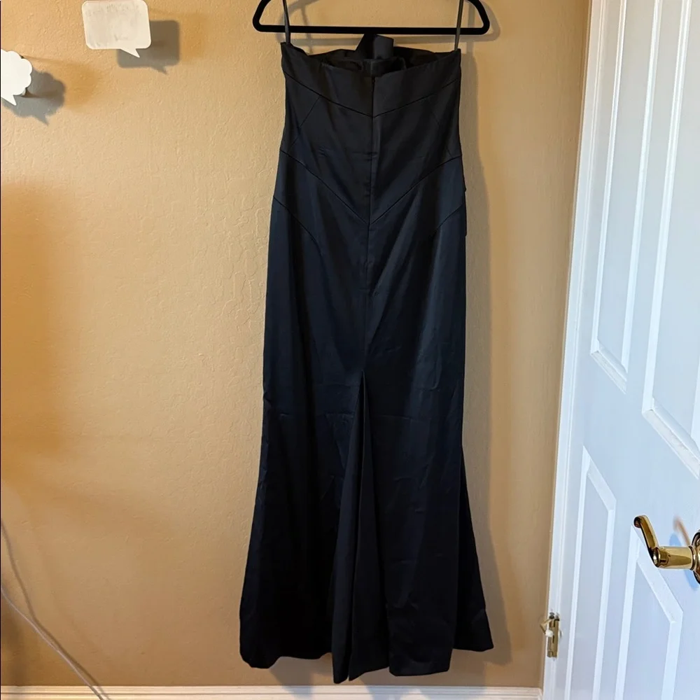 Coast Women’s Black Satin Strapless Evening Long Dress Front Modern Ruffles 8